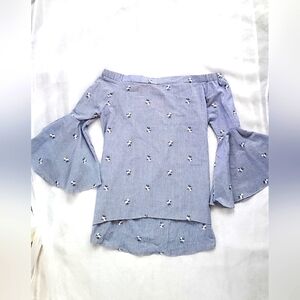 NWOT! 100% Cotton Embroidered Striped Floral Bell Sleeve Women's Top Siz…